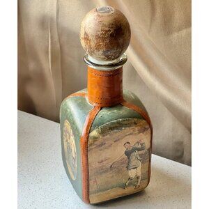 Fausto Conturi Leather Wrapped Glass Decanter Wooden Ball Stopper Golf Prints VT